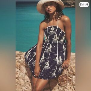 NWT ANTHROPOLOGIE CELANDINE Navy Blue White Sailboat Sundress Swim Dress Beach
